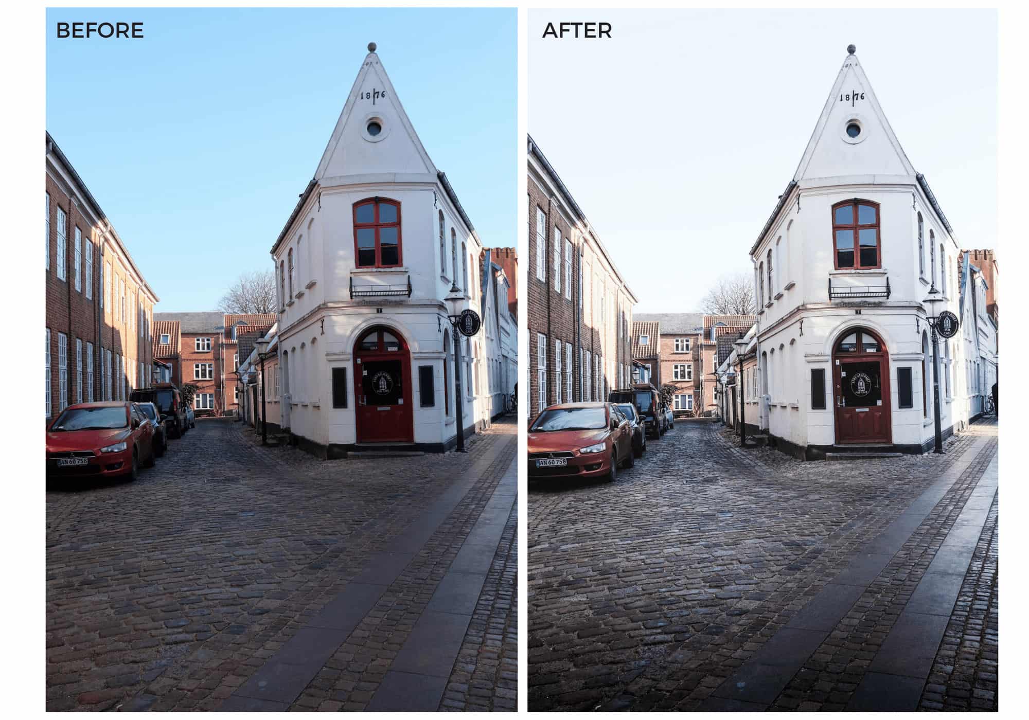 Before and after picture of white building with Lightroom preset applied