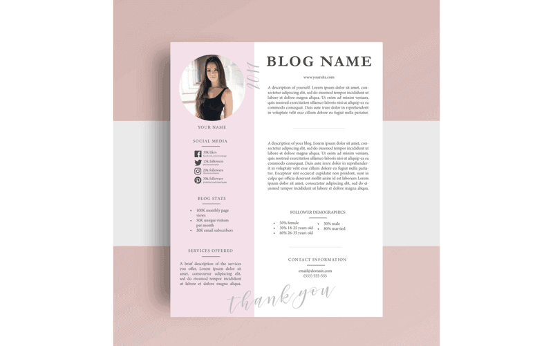 Screenshot of a pink media kit for bloggers.