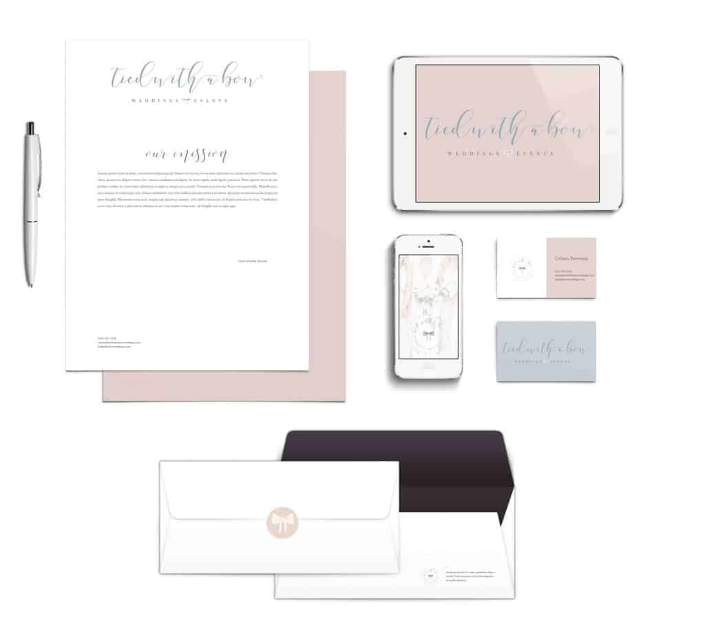 Tied with a bow branding mockup, letterhead, iPad, envelope and business cards