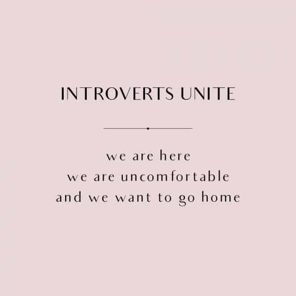 Quote on a pink background that says: Introverts Unite: We are here, we are uncomfortable and we want to go home.