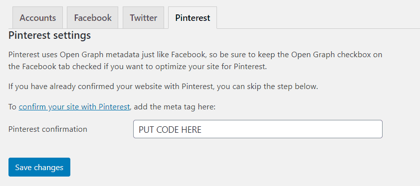 Screenshot of where to validate your Pinterest code