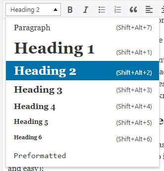 Screenshot of where to change your headings within WordPress