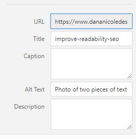 A screenshot of WordPress where users can add alt text, caption, image title and description