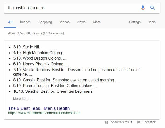 Screenshot of the featured snippets in Google