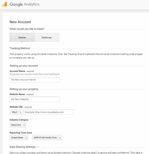 Screenshot of Google Analytics Set Up