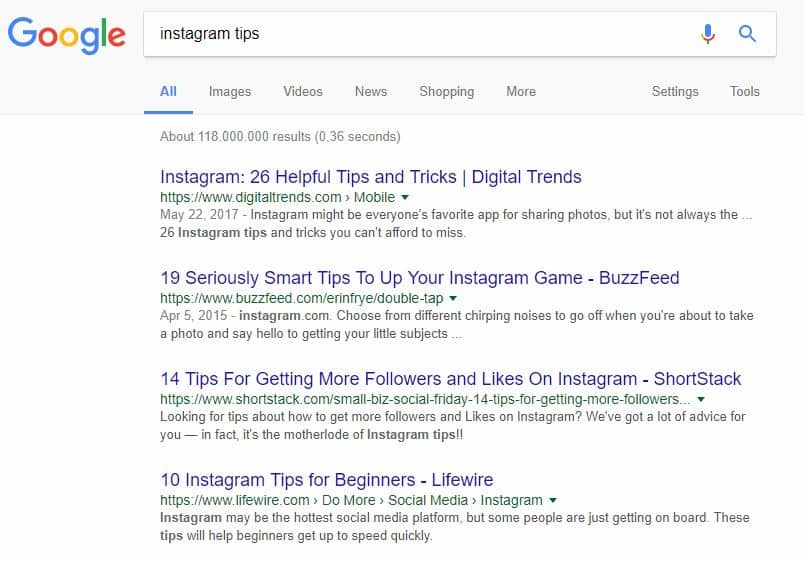 Google search results for "Instagram Tips"