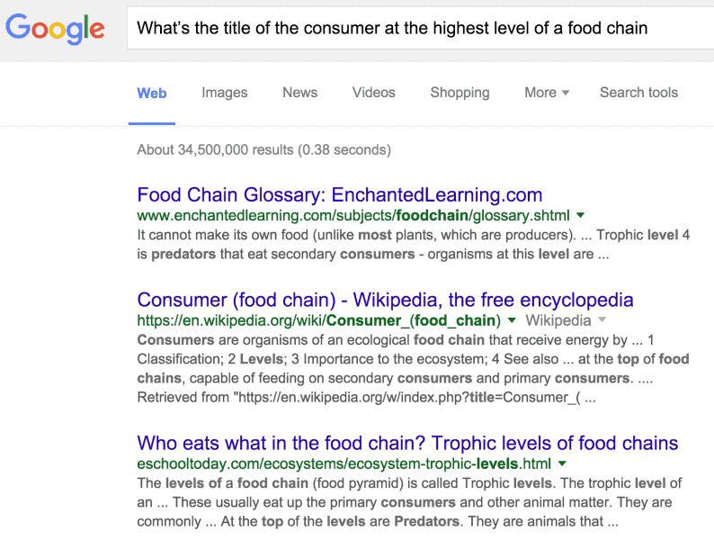 Google search results for "what's the title of the consumer at the highest level of a food chain"