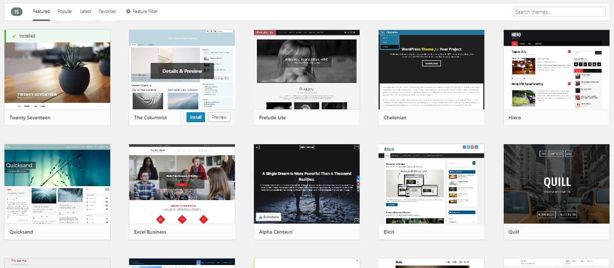 Screenshot of theme library on WordPress blogging platform