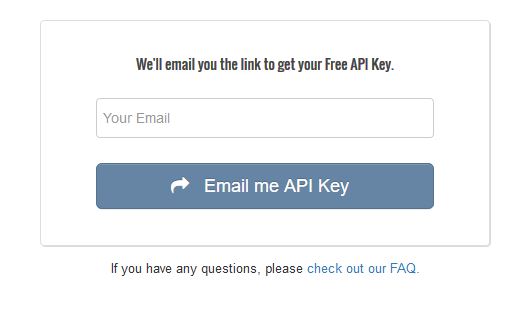 Screenshot of a place to enter your email address to recieve an API key