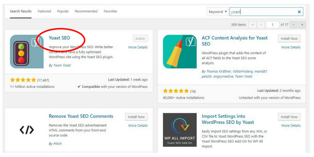 Screenshot of yoast plugin in WordPress