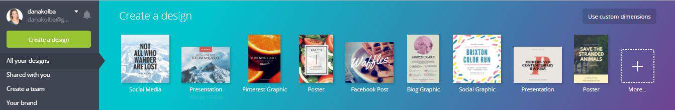 A screenshot of different designs you can create in canva