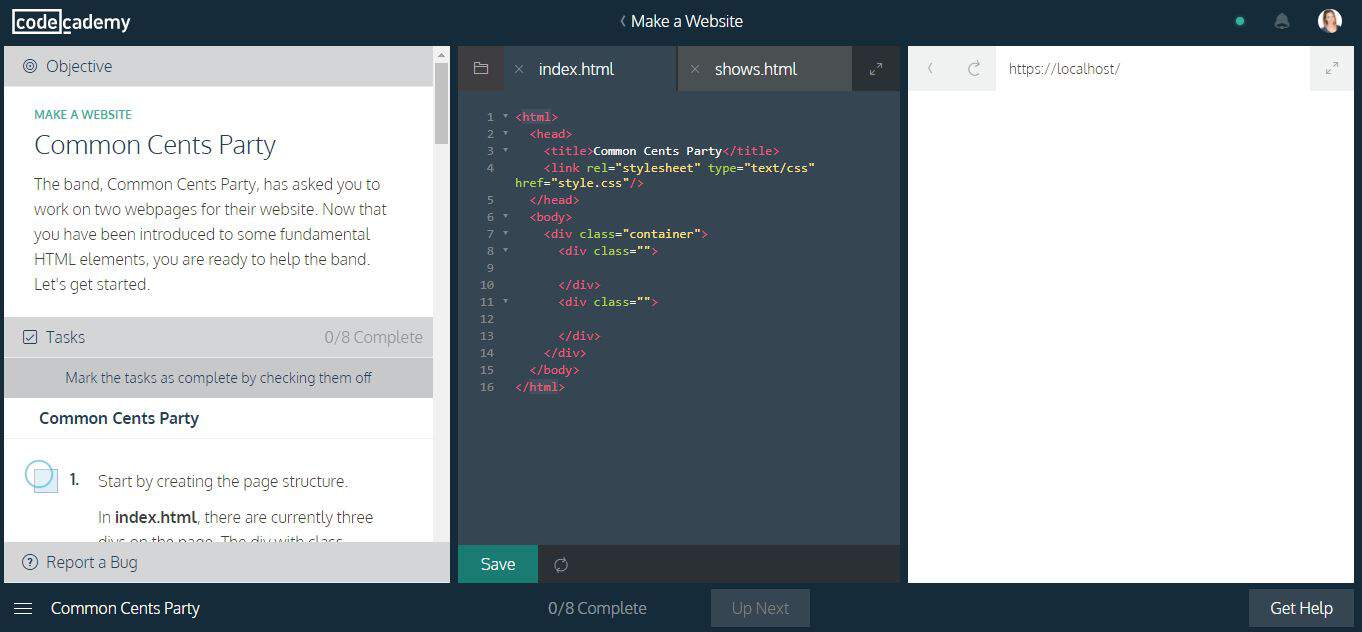 Codeacademy screenshot of html code
