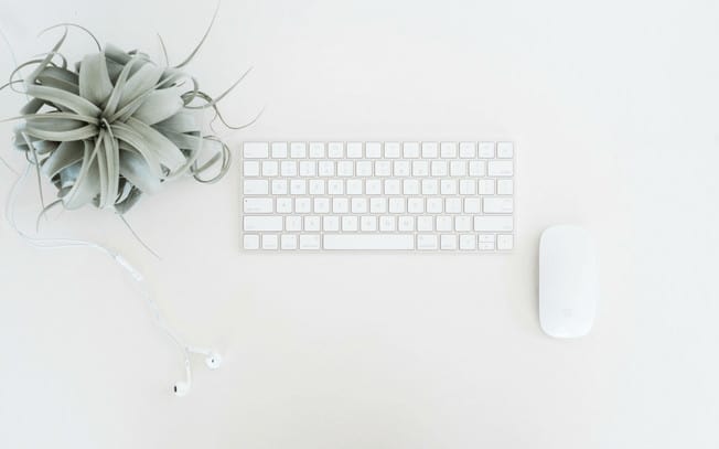 Laptop keyboard with mouse, headphones and green plant