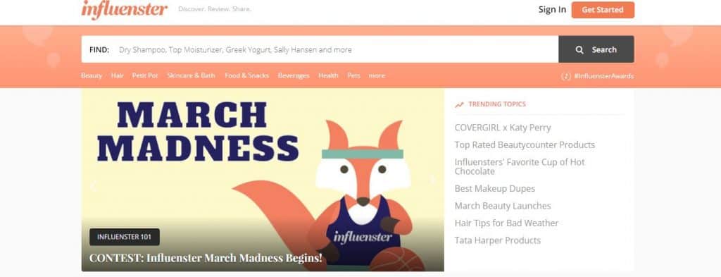 Screenshot of influenster's website