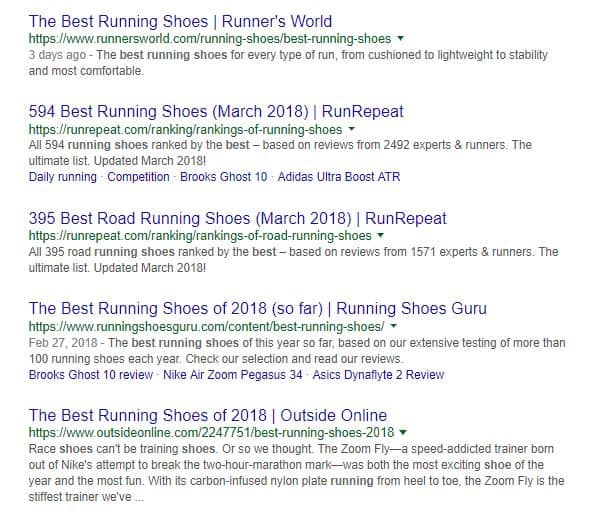 Screenshot of google search results