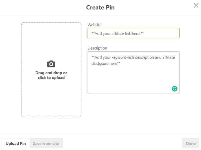 Screenshot of creating a pin on Pinterest