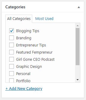 Screenshot of wordpress categories