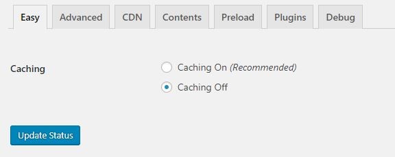 Screenshot of caching plugin interface