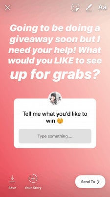 Instagram story asking followers what theyd like to win in a giveaway