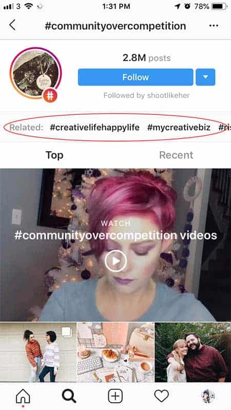 Screenshot of an Instagram hashtag search