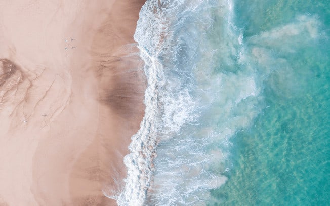 Birdseye picture of the beach and the ocean