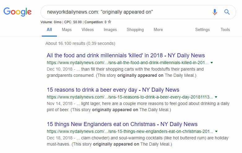 Screenshot of Google search results for the search "newyorkdailynews.com: "originally appeared on"