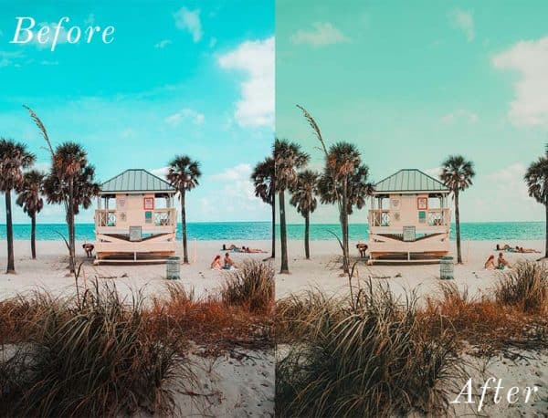 Before and After showing the effect that a preset has on an image. Image is of a small hut on the beach