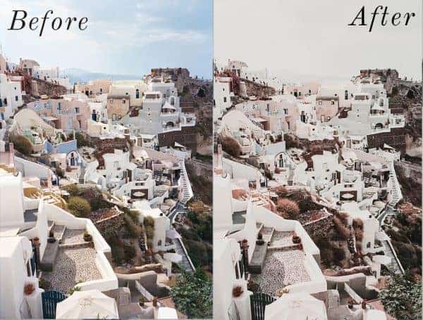 Before and After showing the effect that a preset has on an image. Image is of greek islands with white houses