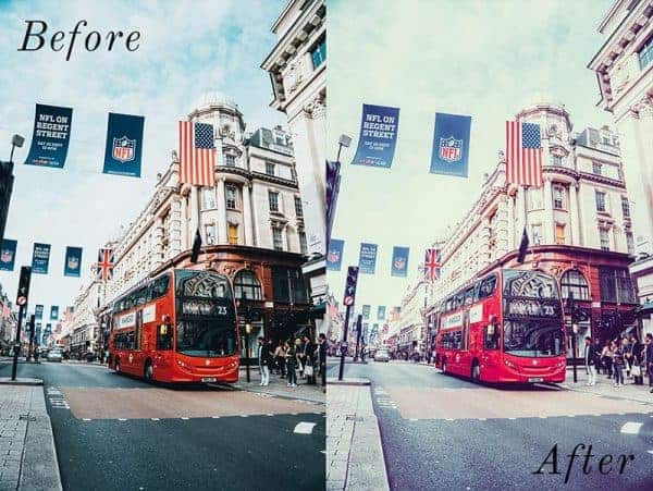 Before and After showing the effect that a preset has on an image. Image is of bus driving down the road
