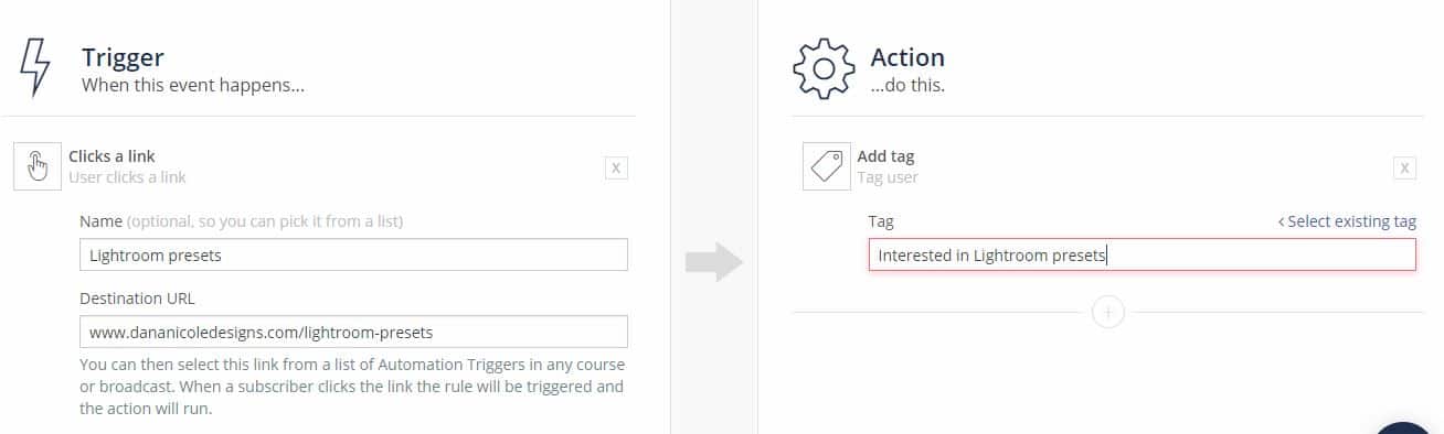 Screenshot on creating an action in ConvertKit