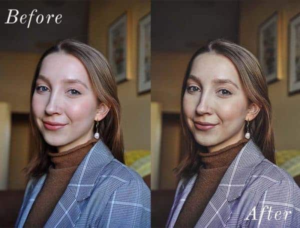 Before and After showing the effect that a preset has on an image. Image is of girl wearing blazer smiling
