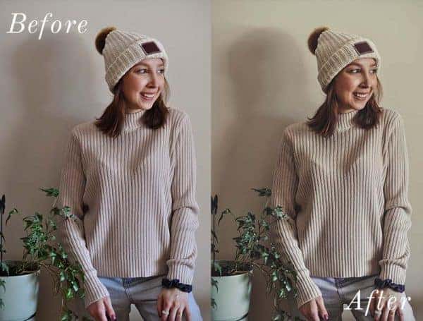 Before and After showing the effect that a preset has on an image. Image is of girl in sweater and toque