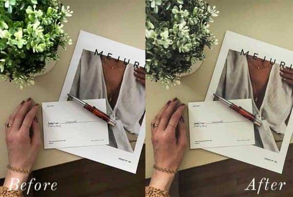 Before and After showing the effect that a preset has on an image. Image is of hand on desk with magazine and plant