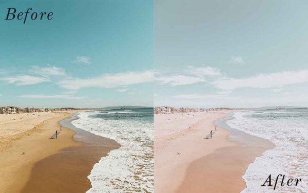 Before and After showing the effect that a preset has on an image. Image is of beach
