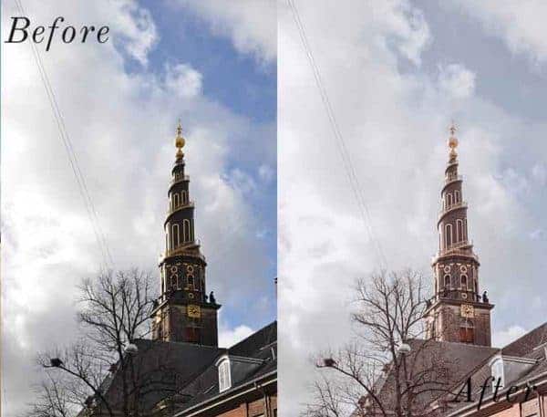 Before and After showing the effect that a preset has on an image. Image is of a church steeple in the sky
