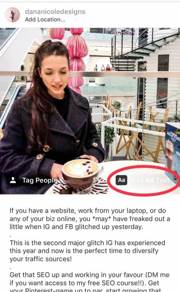 Circled "add alt text" on Instagram photo