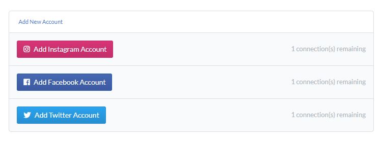A screenshot of three buttons to add your instagram, facebook or twitter account