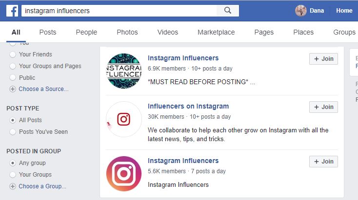 Screenshot of search result in Facebook for the search "instagram influencers"