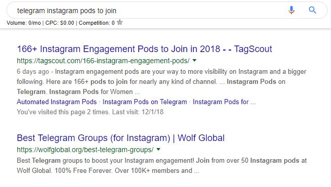 Screenshot of google search results for the search "telegram instagram pods to join"