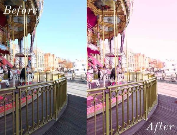 Before and After showing the effect that a preset has on an image. Image is of carousel