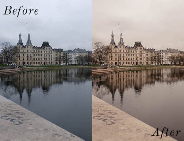 Before and After showing the effect that a preset has on an image. Image is of buildings and a lake