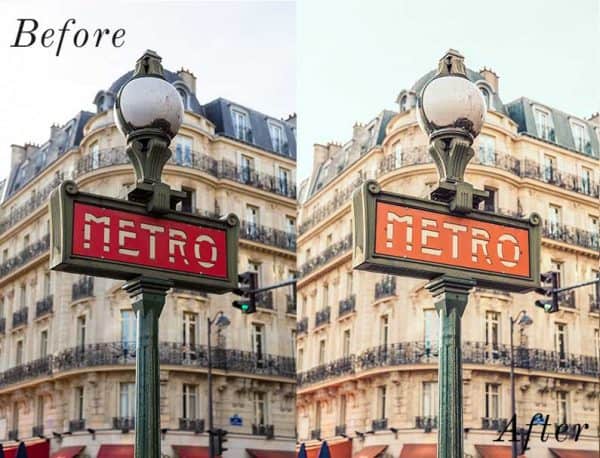 Before and After showing the effect that a preset has on an image. Image is of a metro sign in Europe