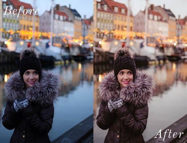 Before and After showing the effect that a preset has on an image. Image is of girl smiling while wearing winter jacket