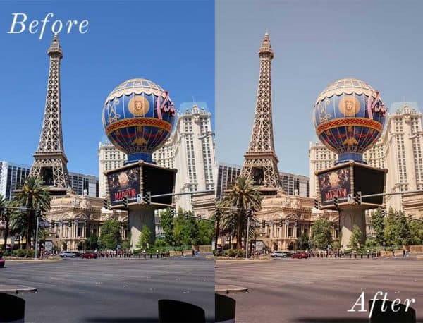 Before and After showing the effect that a preset has on an image. Image is of eiffel tower in las vegas
