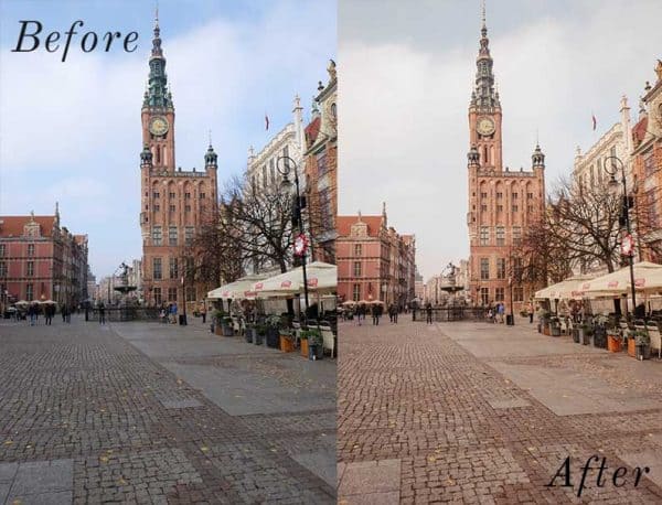 Before and After showing the effect that a preset has on an image. Image is of European church