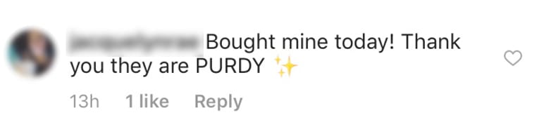 Screenshot of comment that says: "Bought mine today! Thank you they are purdy!"