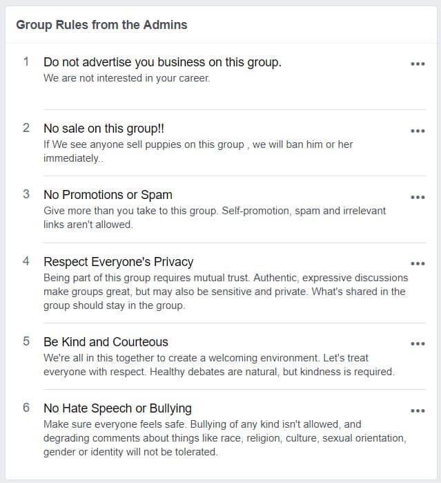 Screenshot of rules from a Facebook group