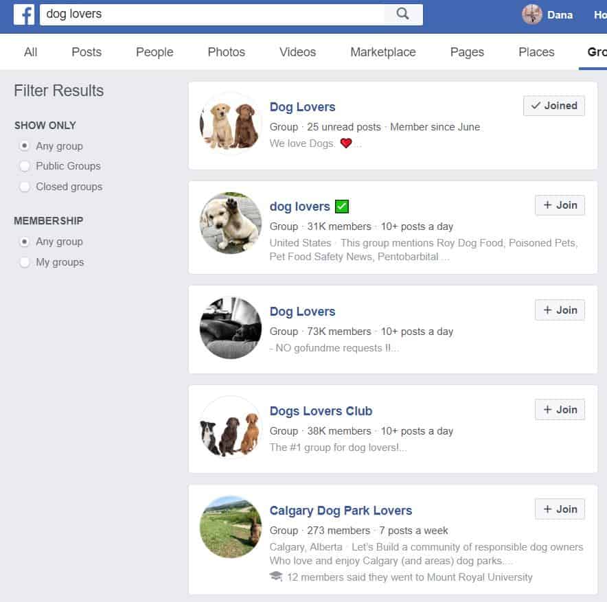 Screenshot of the Facebook groups when searching for "dog lovers"