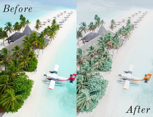 Before and After showing the effect that a preset has on an image. Image is of airplane on a beach