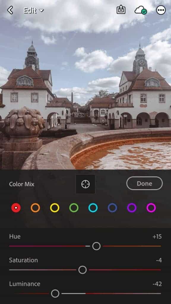 editing the colors of a photo in the lightroom app